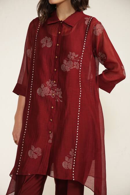 Buy Arcvsh By Pallavi Singh Burgundy Cotton, Chanderi, Silk Embroidery Floral Screen Print Shirt And Pant Set Buy_Arcvsh By Pallavi Singh_Burgundy Cotton, Chanderi, Silk Embroidery Floral Screen Print Shirt And Pant Set