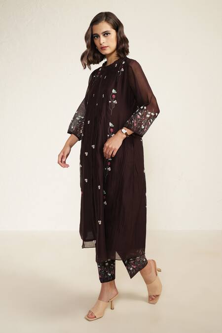 Shop Arcvsh By Pallavi Singh Purple Cotton, Silk, Chanderi Embroidery Floral Print Pleated Tunic And Pant Set Online at Aza Fashions Shop_Arcvsh By Pallavi Singh_Purple Cotton, Silk, Chanderi Embroidery Floral Print Pleated Tunic And Pant Set _Online_at_Aza_Fashions