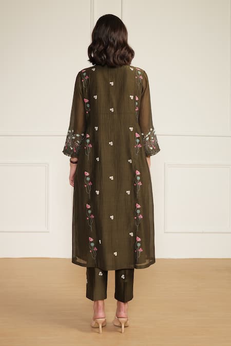 Shop_Arcvsh By Pallavi Singh_Green Cotton, Silk, Chanderi Embroidery Round Printed Pleated Tunic And Pant Set _at_Aza_Fashions