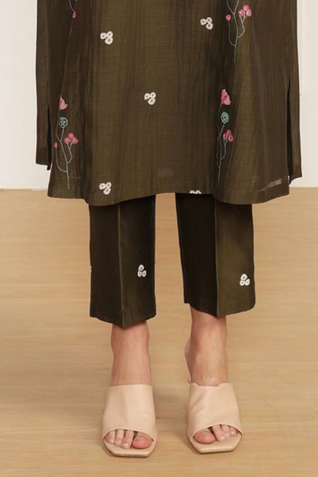 Arcvsh By Pallavi Singh_Green Cotton, Silk, Chanderi Embroidery Round Printed Pleated Tunic And Pant Set _Online_at_Aza_Fashions