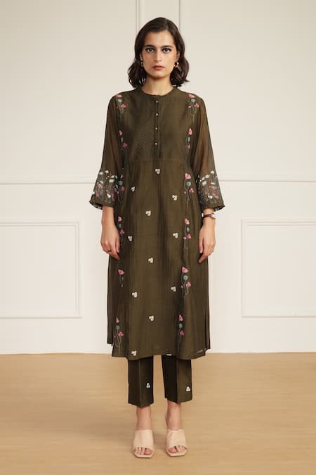 Buy_Arcvsh By Pallavi Singh_Green Cotton, Silk, Chanderi Embroidery Round Printed Pleated Tunic And Pant Set _Online_at_Aza_Fashions