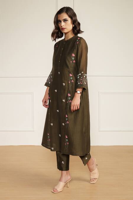 Shop_Arcvsh By Pallavi Singh_Green Cotton, Silk, Chanderi Embroidery Round Printed Pleated Tunic And Pant Set _Online_at_Aza_Fashions