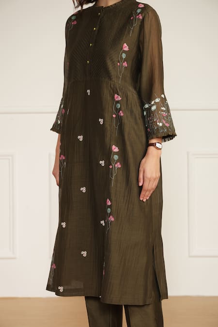 Buy_Arcvsh By Pallavi Singh_Green Cotton, Silk, Chanderi Embroidery Round Printed Pleated Tunic And Pant Set 
