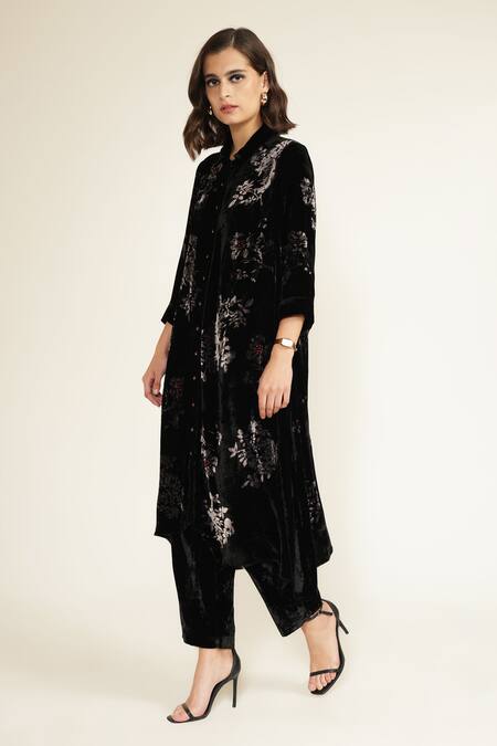 Shop Arcvsh By Pallavi Singh Black Silk, Velvet Embroidery Collared Asymmetric Tunic And Pant Set Online at Aza Fashions Shop_Arcvsh By Pallavi Singh_Black Silk, Velvet Embroidery Collared Asymmetric Tunic And Pant Set _Online_at_Aza_Fashions