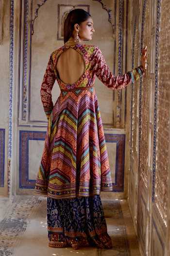Kalista_Multi Color Silk, Azra Geometric Floral Print Anarkali And Sharara Pant Set _Online_at_Aza_Fashions