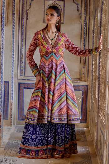 Buy_Kalista_Multi Color Silk, Azra Geometric Floral Print Anarkali And Sharara Pant Set _Online_at_Aza_Fashions