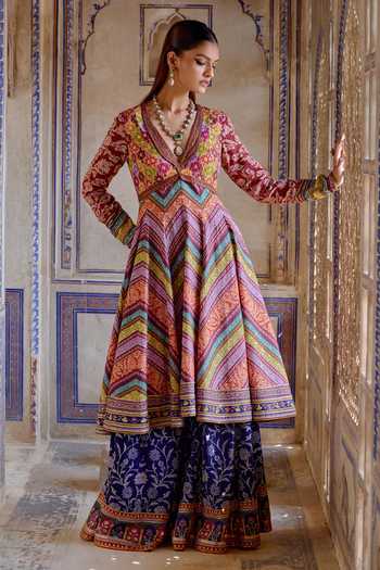 Shop_Kalista_Multi Color Silk, Azra Geometric Floral Print Anarkali And Sharara Pant Set _Online_at_Aza_Fashions
