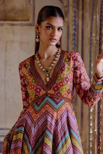 Kalista_Multi Color Silk, Azra Geometric Floral Print Anarkali And Sharara Pant Set _at_Aza_Fashions