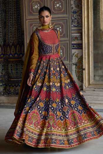 Kalista_Multi Color Silk, Chanderi Ibadat Persian Floral Print And Anarkali With Dupatta _Online_at_Aza_Fashions