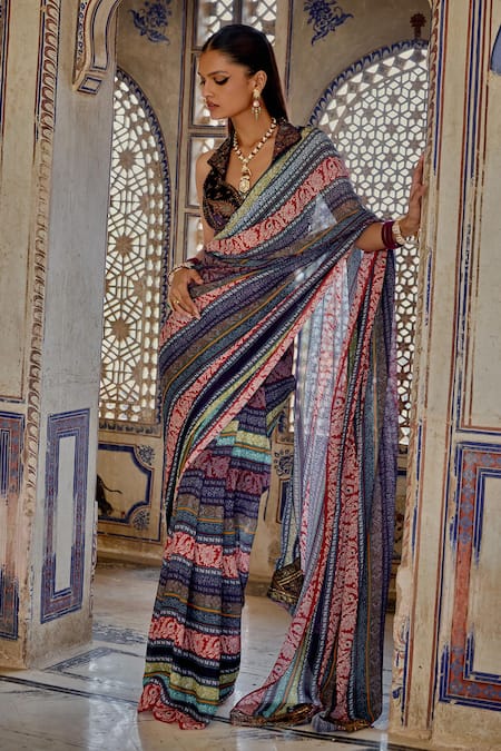 Buy_Kalista_Multi Color Chiffon, Silk, Velvet, Cotton Inara Bloom Vine Print Saree Set _Online_at_Aza_Fashions