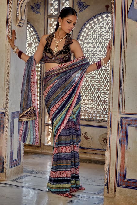 Shop_Kalista_Multi Color Chiffon, Silk, Velvet, Cotton Inara Bloom Vine Print Saree Set _Online_at_Aza_Fashions