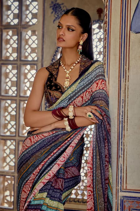 Kalista_Multi Color Chiffon, Silk, Velvet, Cotton Inara Bloom Vine Print Saree Set _at_Aza_Fashions