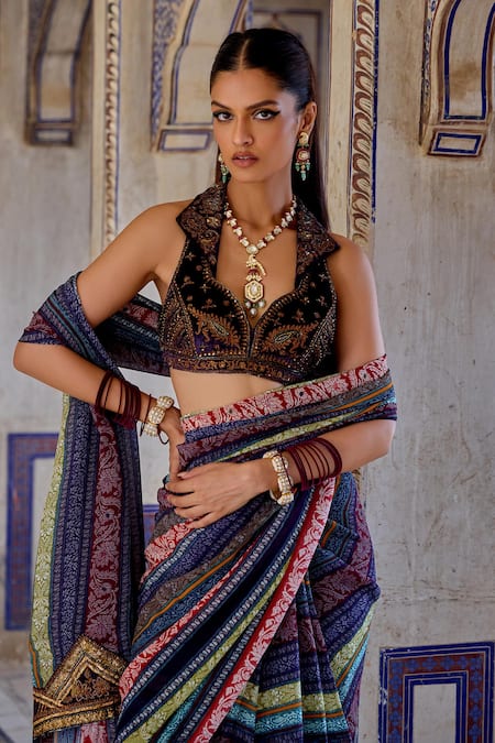 Buy_Kalista_Multi Color Chiffon, Silk, Velvet, Cotton Inara Bloom Vine Print Saree Set 