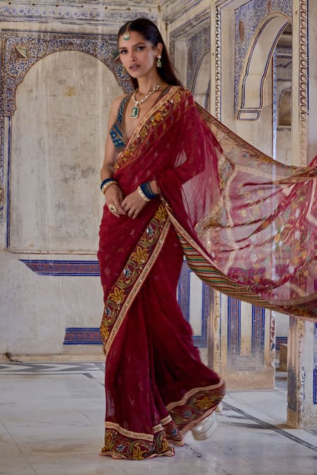 Buy_Kalista_Red Georgette, Viscose Beads, Chhaya Gul Print And Embroidered Saree With Blouse _Online_at_Aza_Fashions