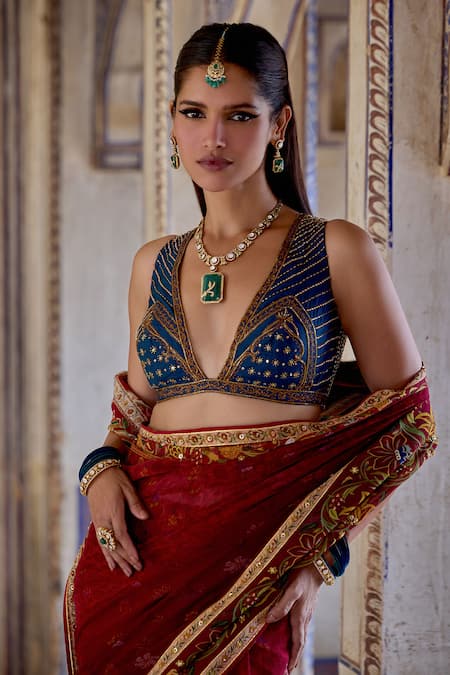 Kalista_Red Georgette, Viscose Beads, Chhaya Gul Print And Embroidered Saree With Blouse _at_Aza_Fashions