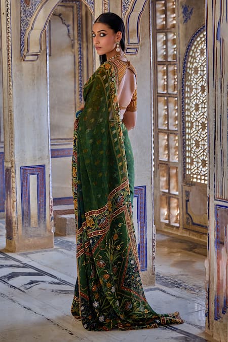 Kalista Aarna Mughal Bloom Print & Embroidered Saree With Blouse 