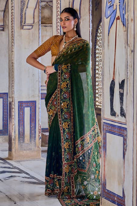 Buy_Kalista_Yellow Georgette, Viscose, Silk Aarna Mughal Bloom Print And Saree With Blouse _Online_at_Aza_Fashions