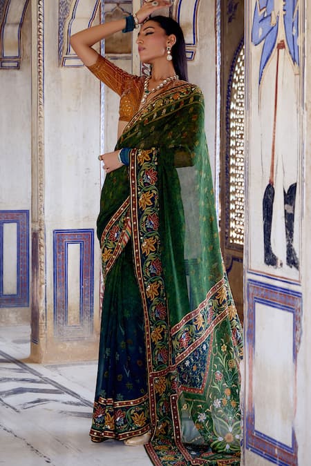 Shop_Kalista_Yellow Georgette, Viscose, Silk Aarna Mughal Bloom Print And Saree With Blouse _Online_at_Aza_Fashions