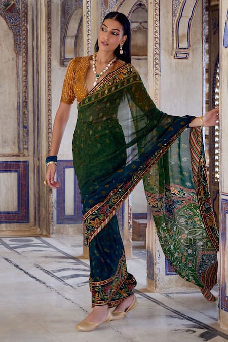 Kalista_Yellow Georgette, Viscose, Silk Aarna Mughal Bloom Print And Saree With Blouse _at_Aza_Fashions