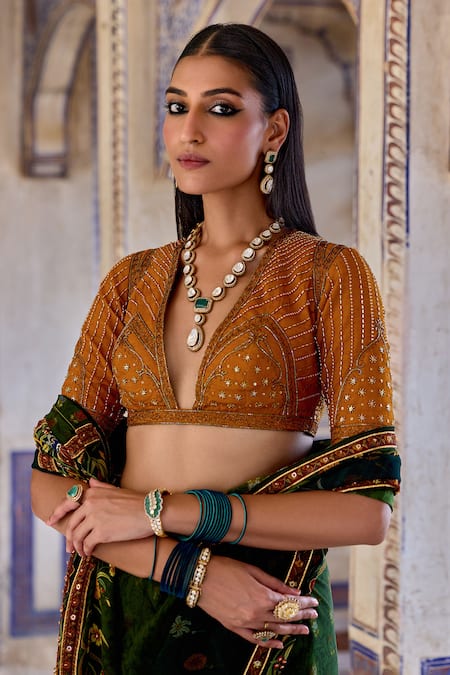 Buy_Kalista_Yellow Georgette, Viscose, Silk Aarna Mughal Bloom Print And Saree With Blouse 