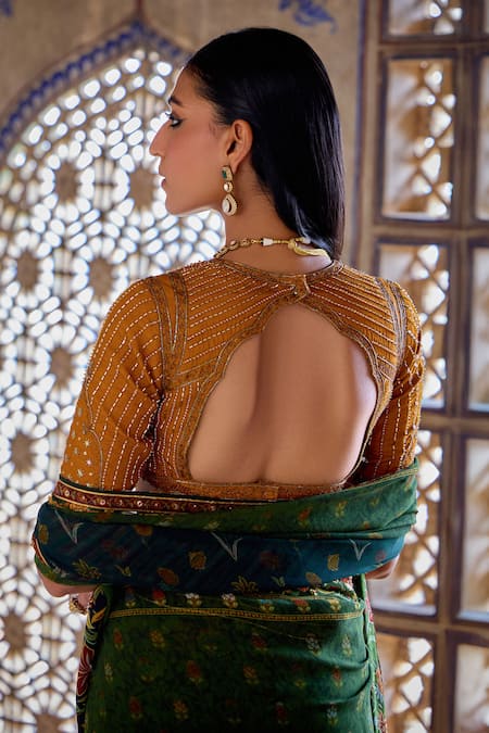 Shop_Kalista_Yellow Georgette, Viscose, Silk Aarna Mughal Bloom Print And Saree With Blouse 