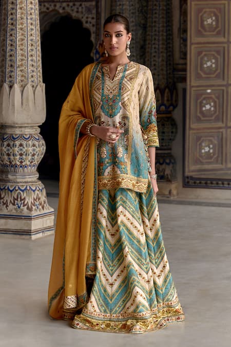 Kalista Ivory Chanderi Silk, Viscose Sequins, Rehmat Mughal Blossom Print Lehenga Set Online at Aza Fashions Kalista_Ivory Chanderi Silk, Viscose Sequins, Rehmat Mughal Blossom Print Lehenga Set _Online_at_Aza_Fashions