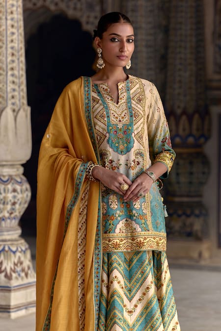 Buy Kalista Ivory Chanderi Silk, Viscose Sequins, Rehmat Mughal Blossom Print Lehenga Set Online at Aza Fashions Buy_Kalista_Ivory Chanderi Silk, Viscose Sequins, Rehmat Mughal Blossom Print Lehenga Set _Online_at_Aza_Fashions