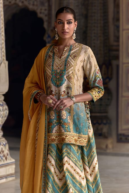 Shop Kalista Ivory Chanderi Silk, Viscose Sequins, Rehmat Mughal Blossom Print Lehenga Set Online at Aza Fashions Shop_Kalista_Ivory Chanderi Silk, Viscose Sequins, Rehmat Mughal Blossom Print Lehenga Set _Online_at_Aza_Fashions