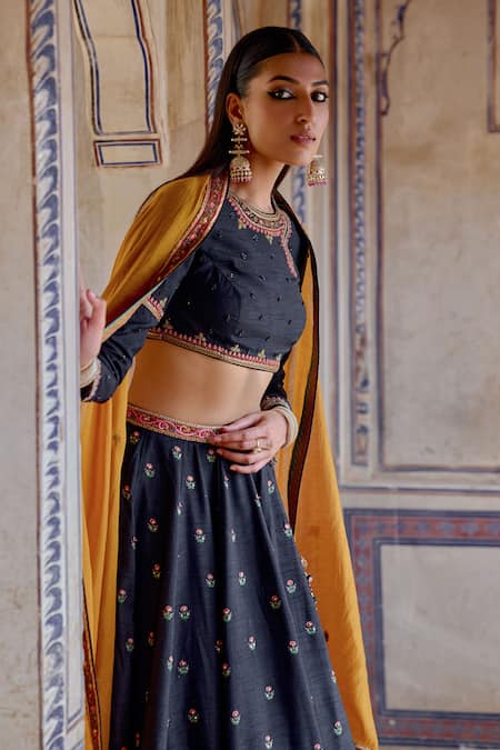 Buy_Kalista_Blue Chanderi , Zeenat Mughal Mahal Print And Embroidered Lehenga Set _Online_at_Aza_Fashions