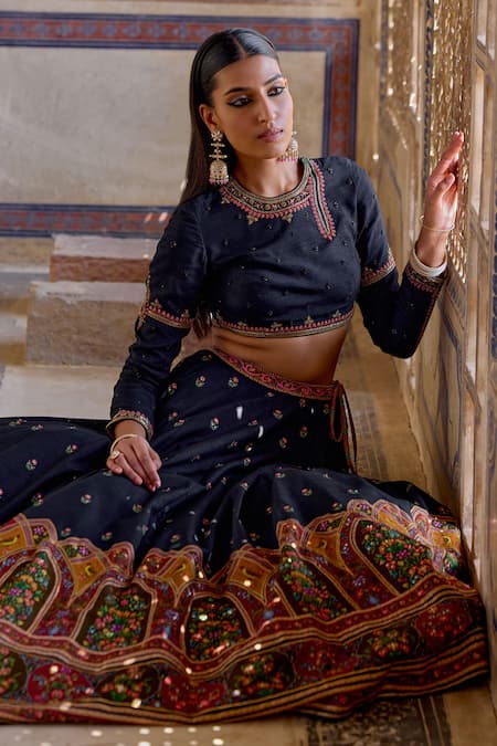 Shop_Kalista_Blue Chanderi , Zeenat Mughal Mahal Print And Embroidered Lehenga Set _Online_at_Aza_Fashions