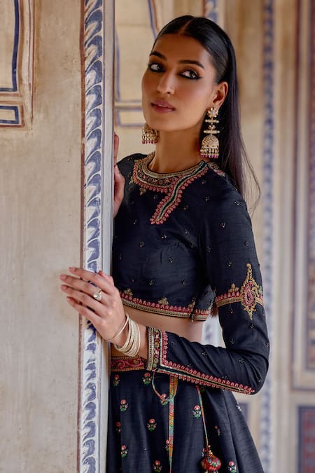 Kalista_Blue Chanderi , Zeenat Mughal Mahal Print And Embroidered Lehenga Set _at_Aza_Fashions