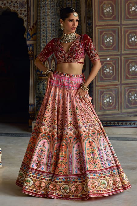 Kalista_Pink Velvet, , Nehmat Mughal Bahar Print And Embroidered Lehenga Set _Online_at_Aza_Fashions