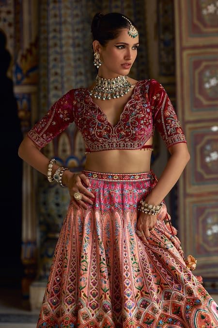 Buy_Kalista_Pink Velvet, , Nehmat Mughal Bahar Print And Embroidered Lehenga Set _Online_at_Aza_Fashions