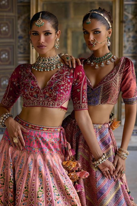 Shop_Kalista_Pink Velvet, , Nehmat Mughal Bahar Print And Embroidered Lehenga Set _Online_at_Aza_Fashions
