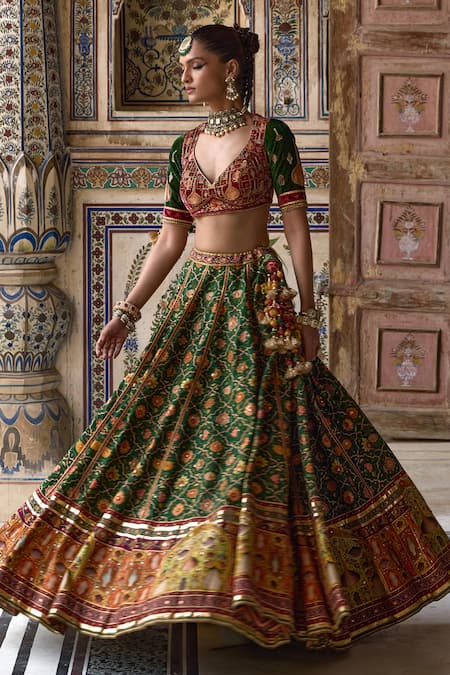 Shop_Kalista_Green Velvet, Chanderi Silk Sameera Phool Bahar Print And Embellished Lehenga Set _Online_at_Aza_Fashions