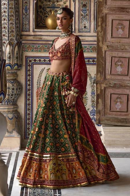 Kalista_Green Velvet, Chanderi Silk Sameera Phool Bahar Print And Embellished Lehenga Set _at_Aza_Fashions