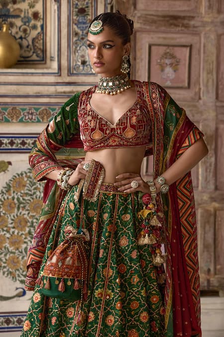 Buy_Kalista_Green Velvet, Chanderi Silk Sameera Phool Bahar Print And Embellished Lehenga Set 