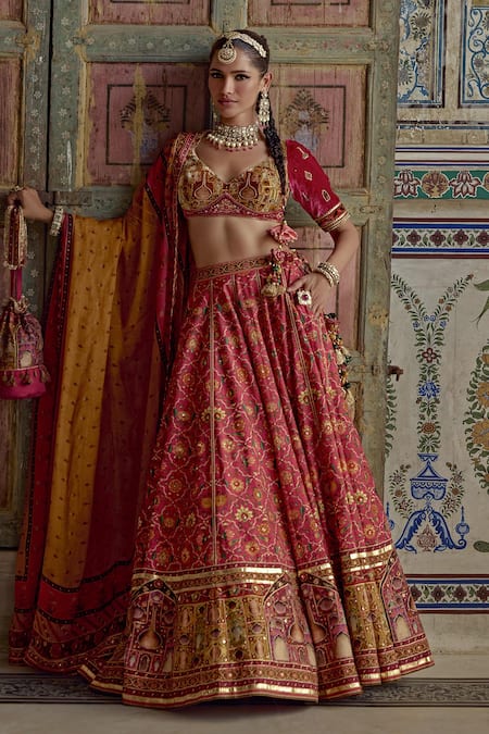 Buy_Kalista_Pink Velvet, Chanderi Silk Sameera Phool Gul Print And Embellished Lehenga Set _Online_at_Aza_Fashions