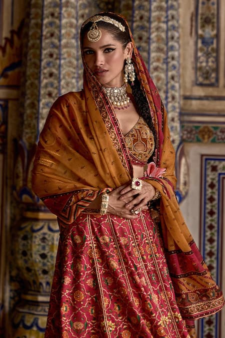 Shop_Kalista_Pink Velvet, Chanderi Silk Sameera Phool Gul Print And Embellished Lehenga Set _Online_at_Aza_Fashions