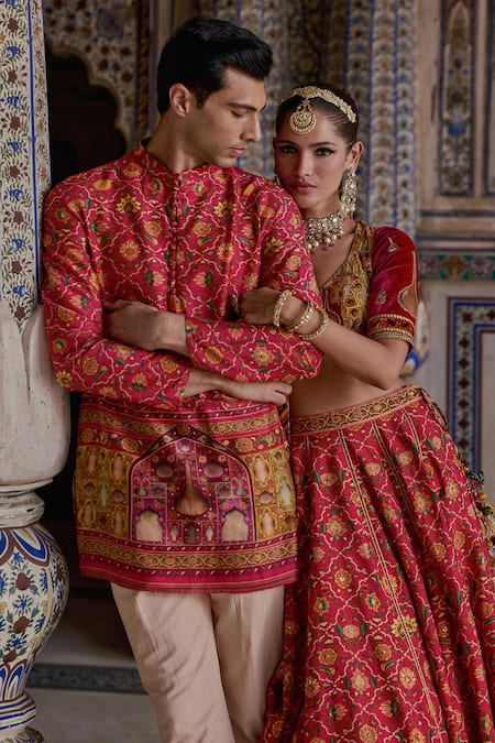 Buy_Kalista_Pink Velvet, Chanderi Silk Sameera Phool Gul Print And Embellished Lehenga Set 