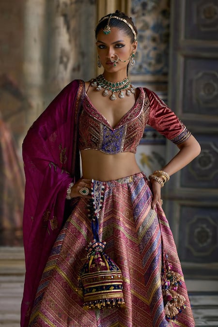 Buy_Kalista_Pink Velvet, Silk Sequins, Gota Mehkash Chevron Vine Pattern And Lehenga Set _Online_at_Aza_Fashions