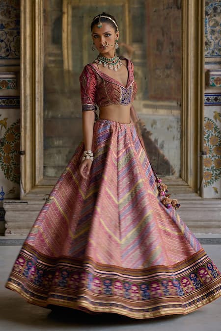 Shop_Kalista_Pink Velvet, Silk Sequins, Gota Mehkash Chevron Vine Pattern And Lehenga Set _Online_at_Aza_Fashions