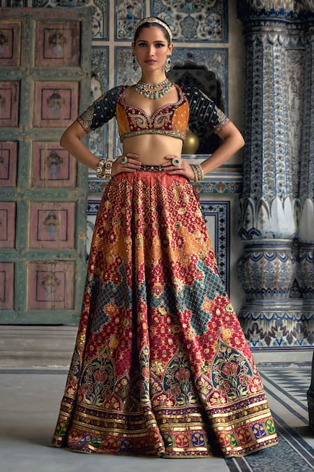 Buy_Kalista_Multi Color Velvet, Silk Ibadat Kalamkari Bloom Print And Embellished Lehenga Set _Online_at_Aza_Fashions