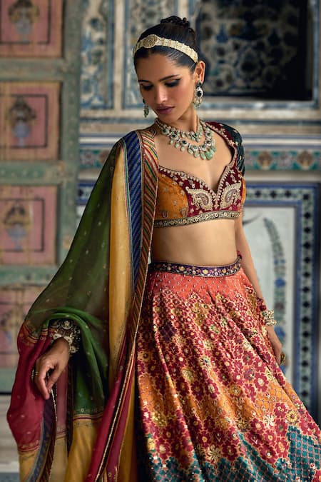 Shop_Kalista_Multi Color Velvet, Silk Ibadat Kalamkari Bloom Print And Embellished Lehenga Set _Online_at_Aza_Fashions
