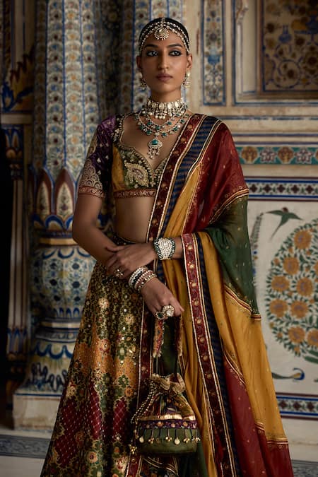 Buy Kalista Yellow Silk Satin, Velvet, Zehna Kalamkari Gul Print And Embellished Lehenga Set Online at Aza Fashions Buy_Kalista_Yellow Silk Satin, Velvet, Zehna Kalamkari Gul Print And Embellished Lehenga Set _Online_at_Aza_Fashions