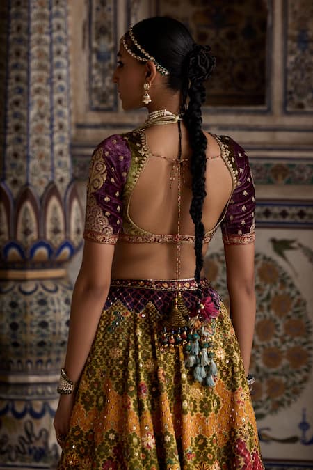 Shop Kalista Yellow Silk Satin, Velvet, Zehna Kalamkari Gul Print And Embellished Lehenga Set Online at Aza Fashions Shop_Kalista_Yellow Silk Satin, Velvet, Zehna Kalamkari Gul Print And Embellished Lehenga Set _Online_at_Aza_Fashions