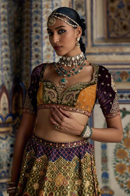 Kalista Yellow Silk Satin, Velvet, Zehna Kalamkari Gul Print And Embellished Lehenga Set at Aza Fashions Kalista_Yellow Silk Satin, Velvet, Zehna Kalamkari Gul Print And Embellished Lehenga Set _at_Aza_Fashions