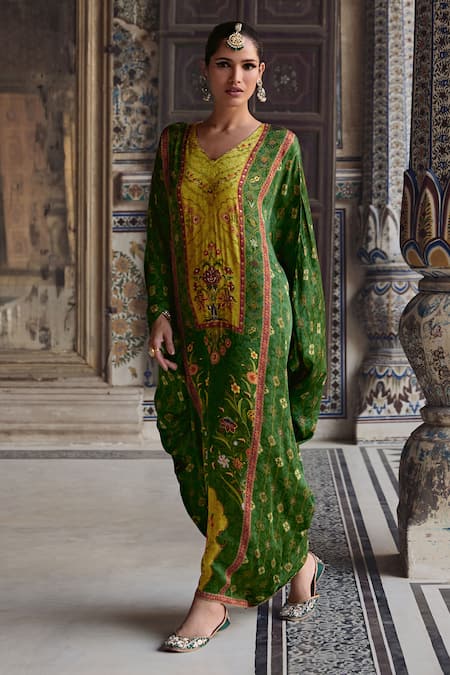 Kalista_Green Viscose, Satin Beads, Sequins Saisha Gulbahar Print And Embellished Kaftan _Online_at_Aza_Fashions