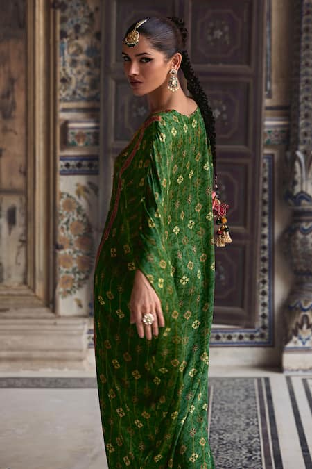 Buy_Kalista_Green Viscose, Satin Beads, Sequins Saisha Gulbahar Print And Embellished Kaftan _Online_at_Aza_Fashions