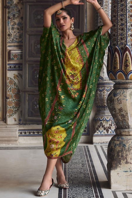 Shop_Kalista_Green Viscose, Satin Beads, Sequins Saisha Gulbahar Print And Embellished Kaftan _Online_at_Aza_Fashions